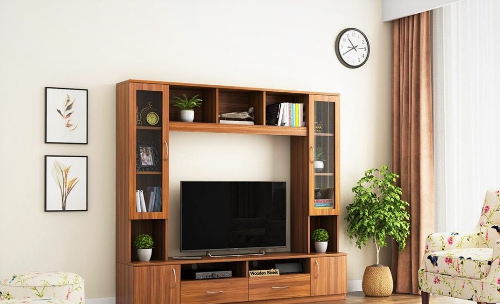 TV Unit Design with Cabinets and Drawers for Closed Storage