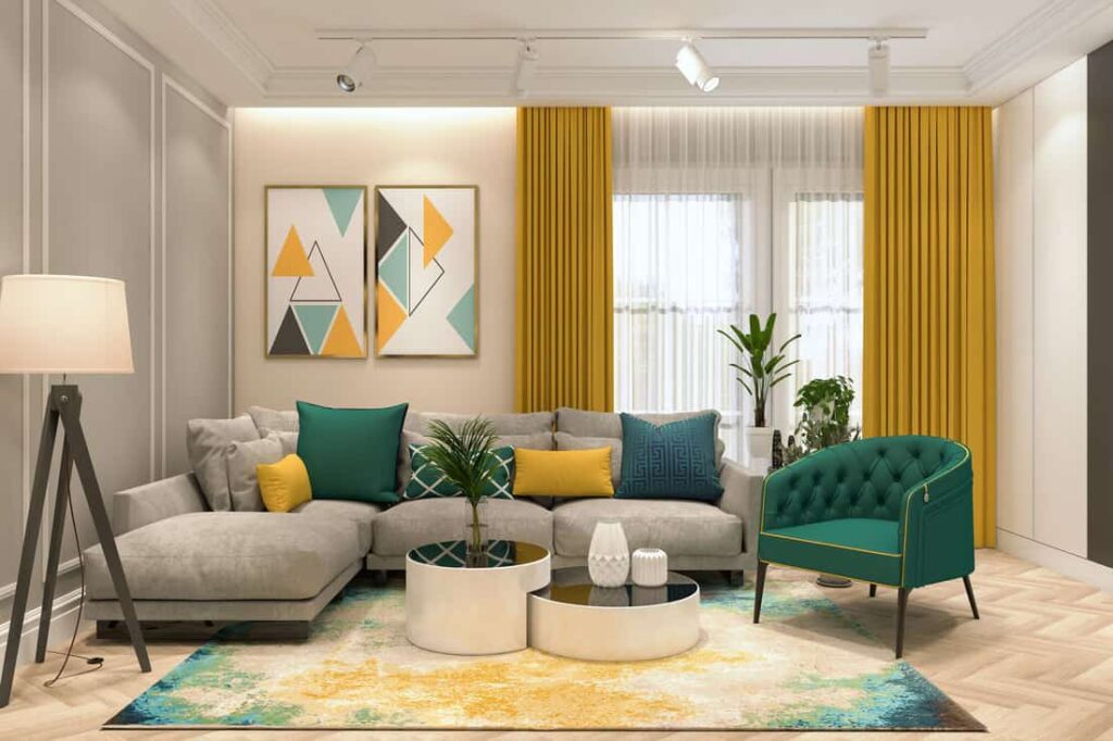 cortina amarilla sofá gris ideas de sala de estar