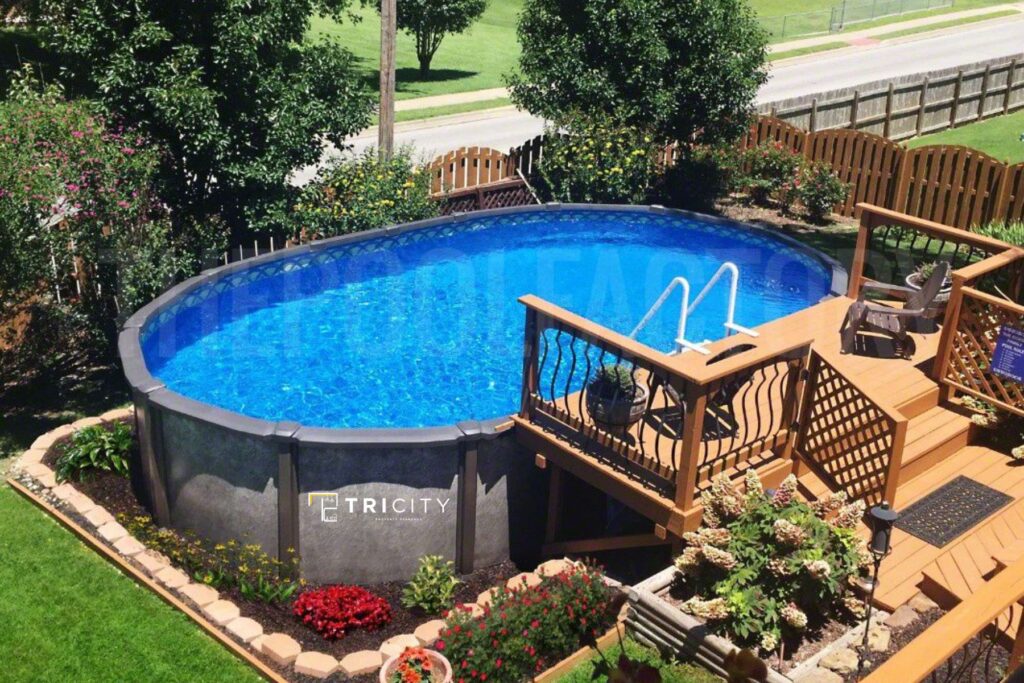 Above Ground Pool Deck Ideas on a Budget With Flower Beds