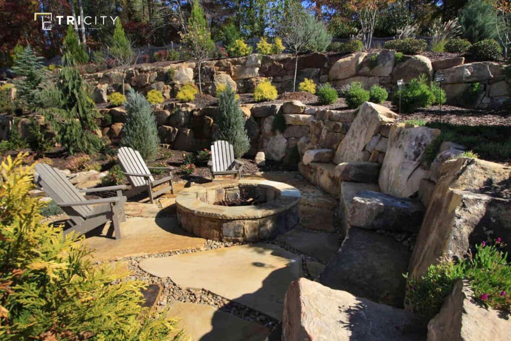 Boulders With Benches- Chunky Simple Retaining Wall Ideas For Sloped Backyard