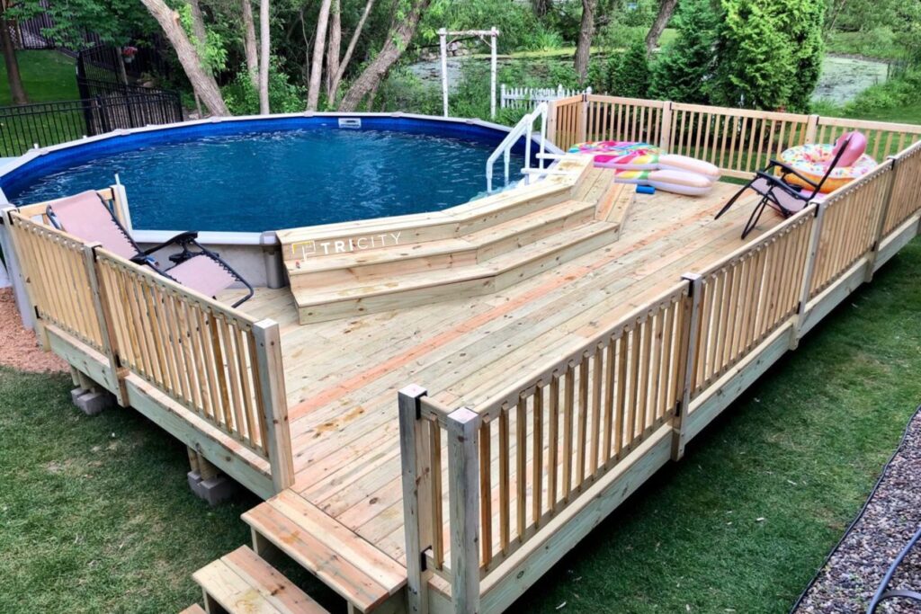 Choose Some Spa Inspired Woodwork Above Ground Pool Deck Ideas on a Budget