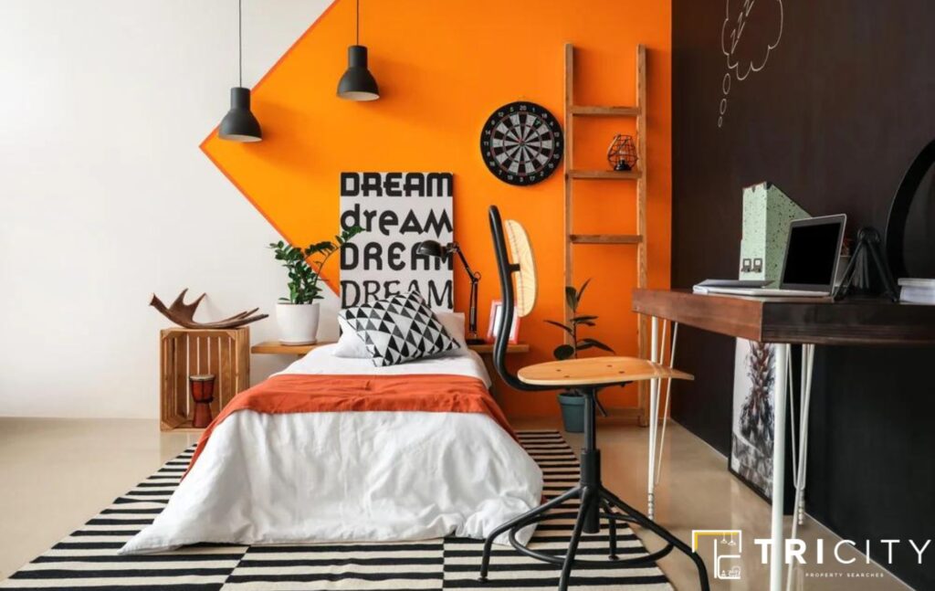 Matte Black and Persimmon Orange Two Color Combinations For Bedroom Walls