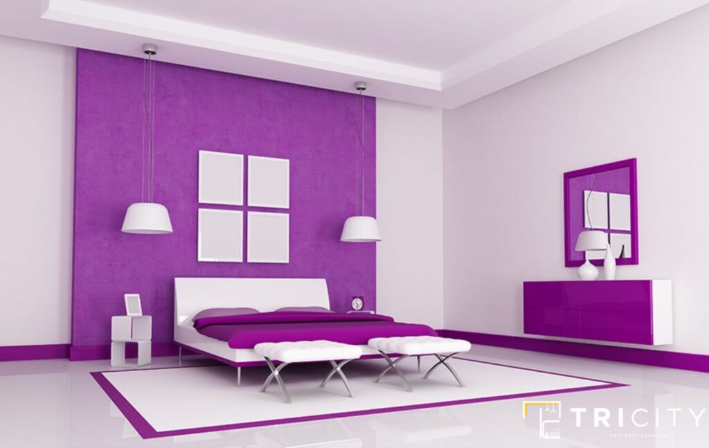 white and purple two color combination for bedroom 