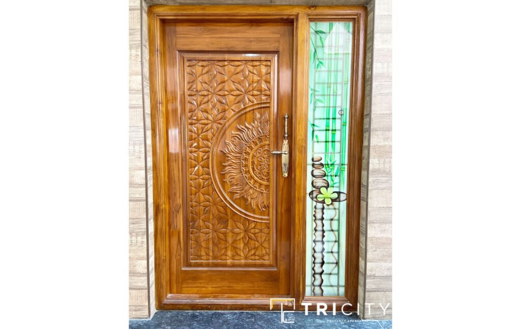 Indian Main Door Designs With Glass and Wood