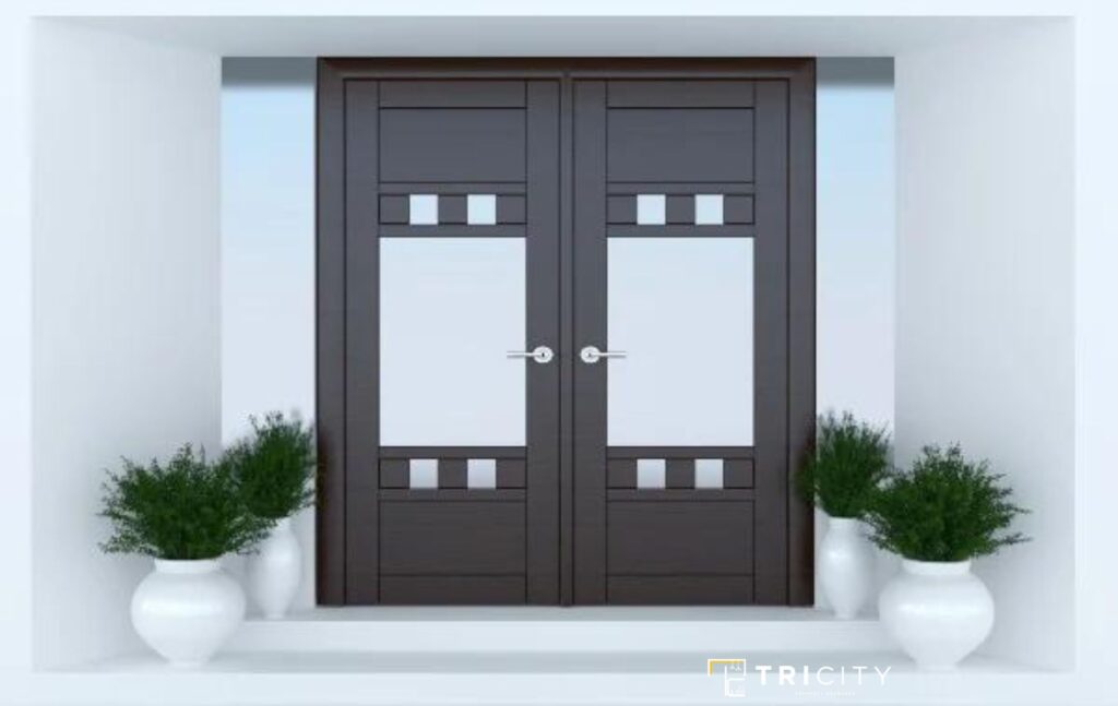 Wooden Main Hall Double Door Design With Large Glass Panels