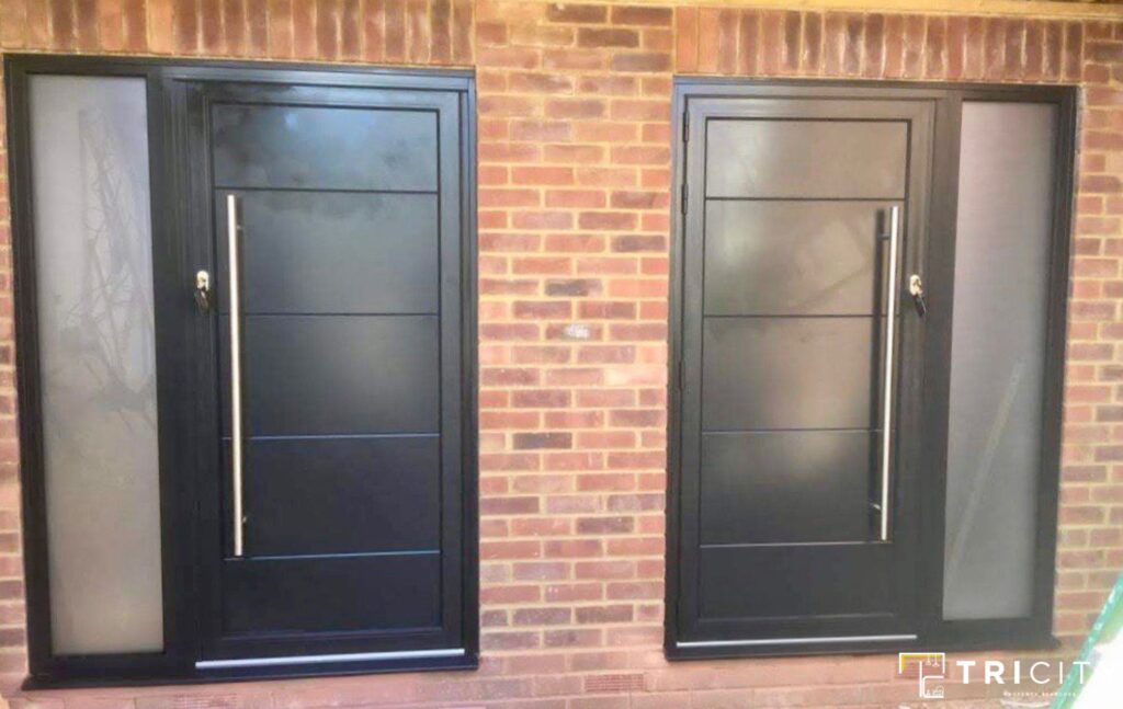 Wooden Designer Main Doors With Matte Black Panels