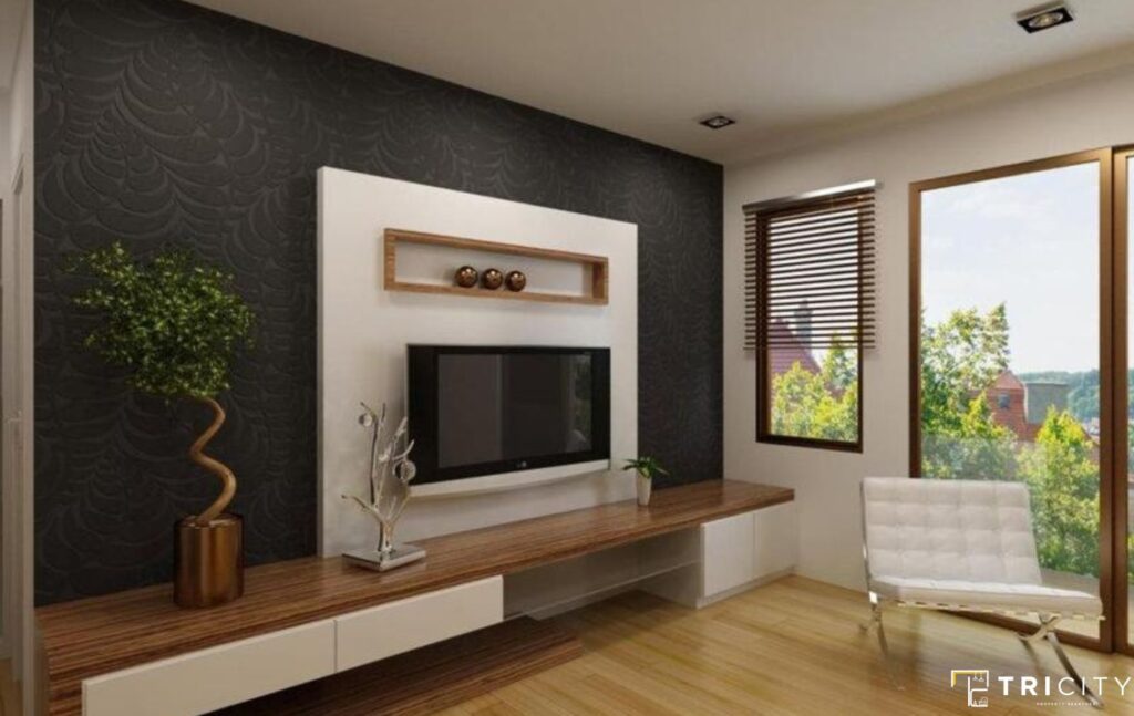Modern TV Panel Design For Bedroom With Abstract Graphics