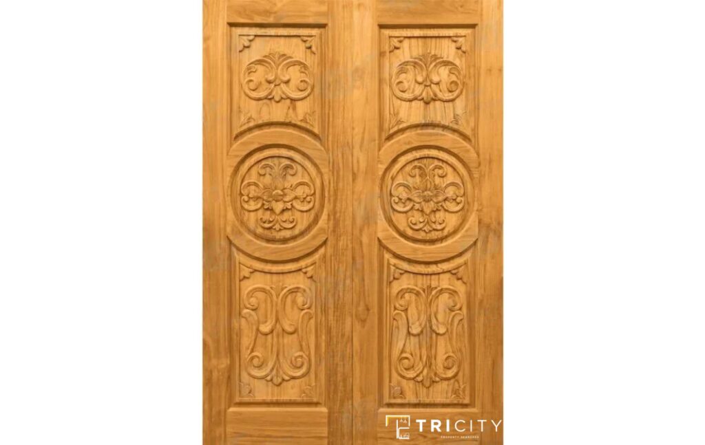 Wooden Main Hall Double Door Design With Block Carvings 