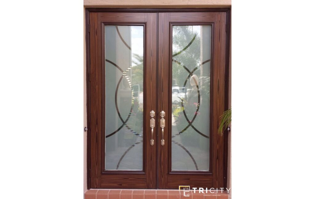 Wooden Main Hall Double Door Design With Large Glass Panels