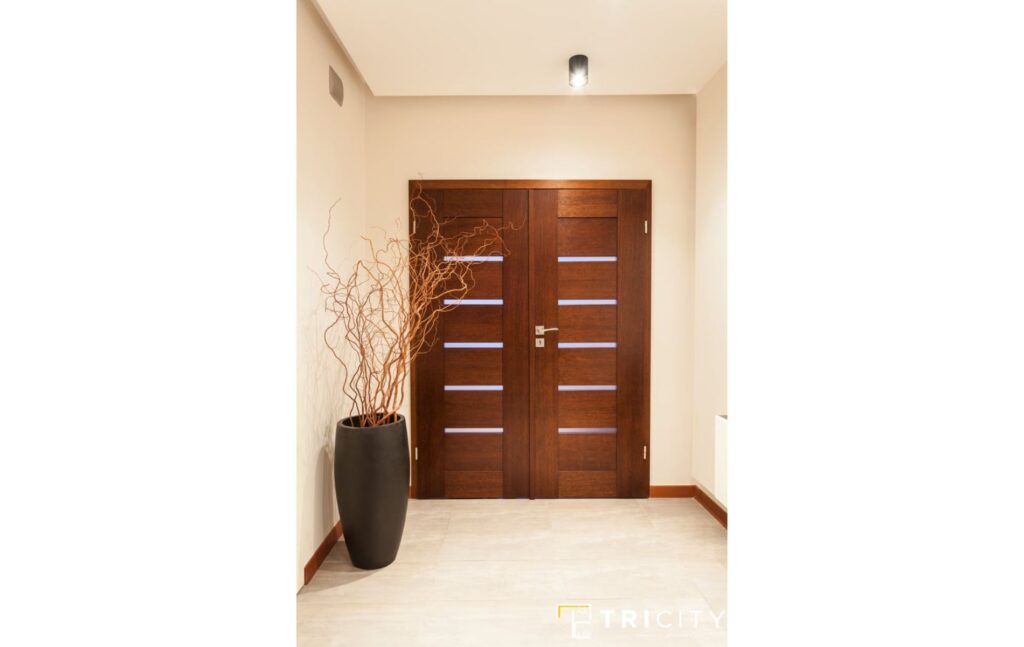 Designer Main Doors With Timber Planks and Glass Stripes