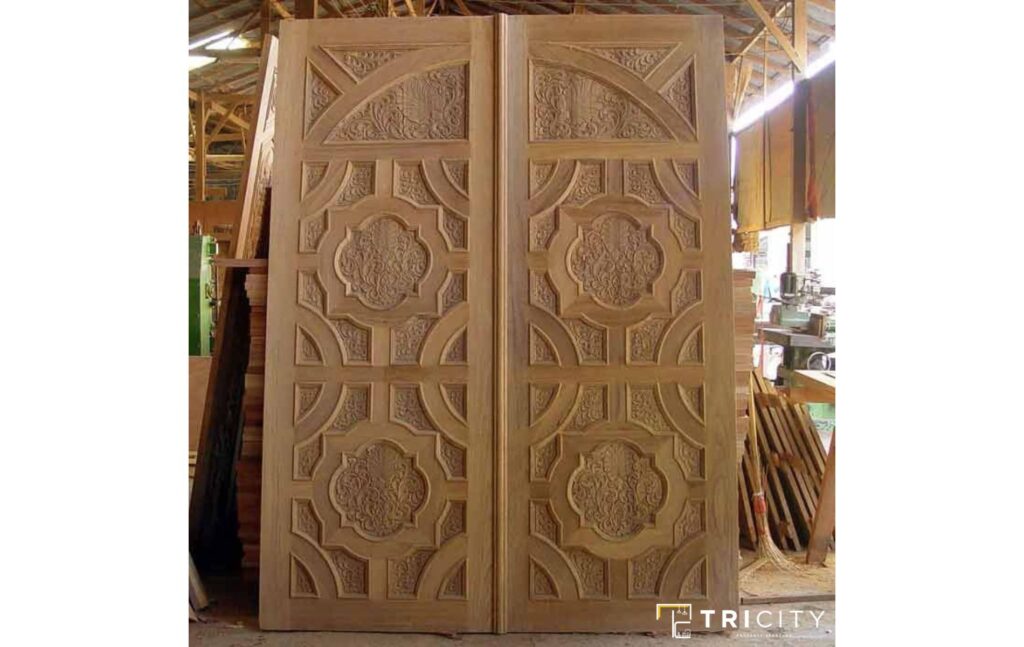 Wooden Main Hall Double Door Design With Block Carvings 