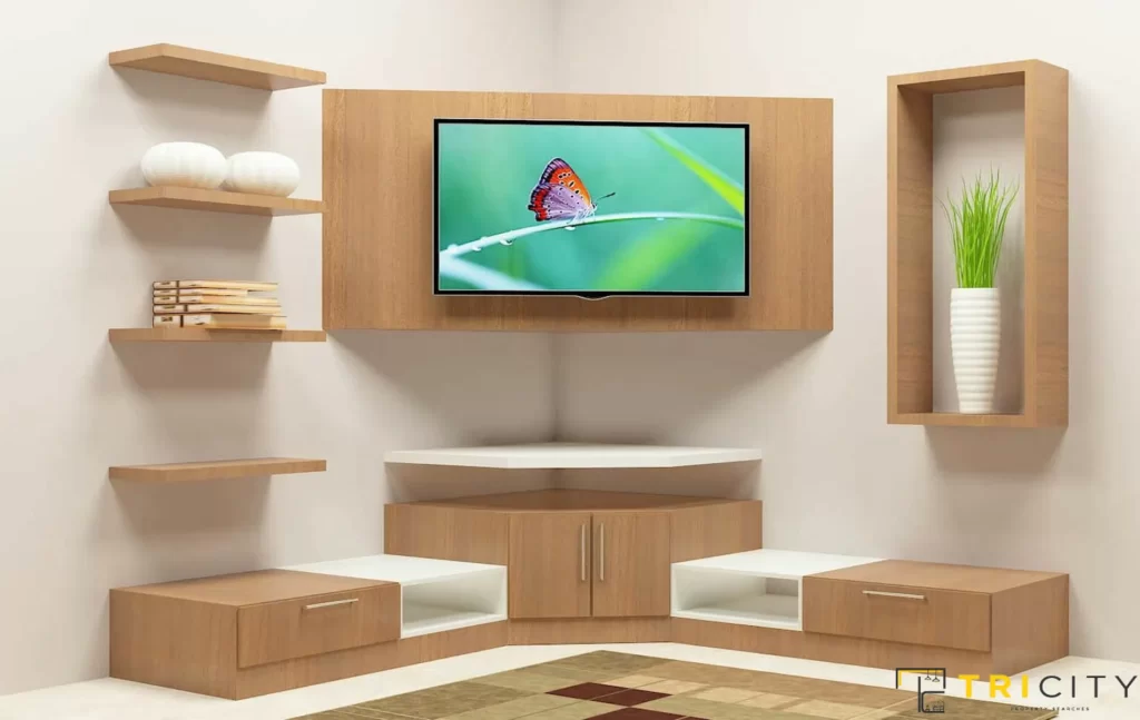 Corner wood TV showcase design